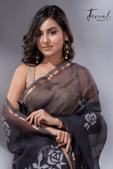 Black self rose motifs handwoven jamdani saree in muslin silk