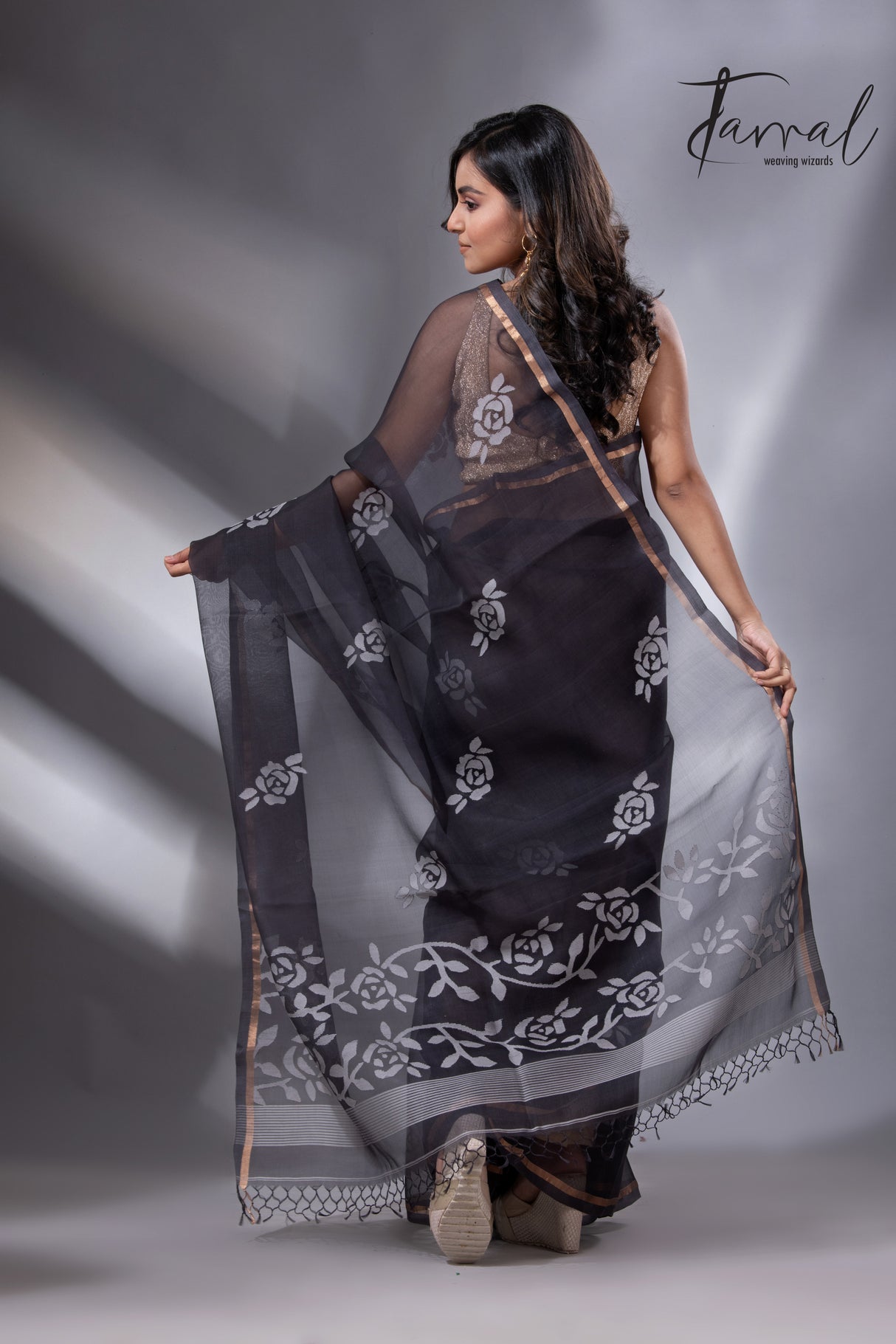 Black self rose motifs handwoven jamdani saree in muslin silk