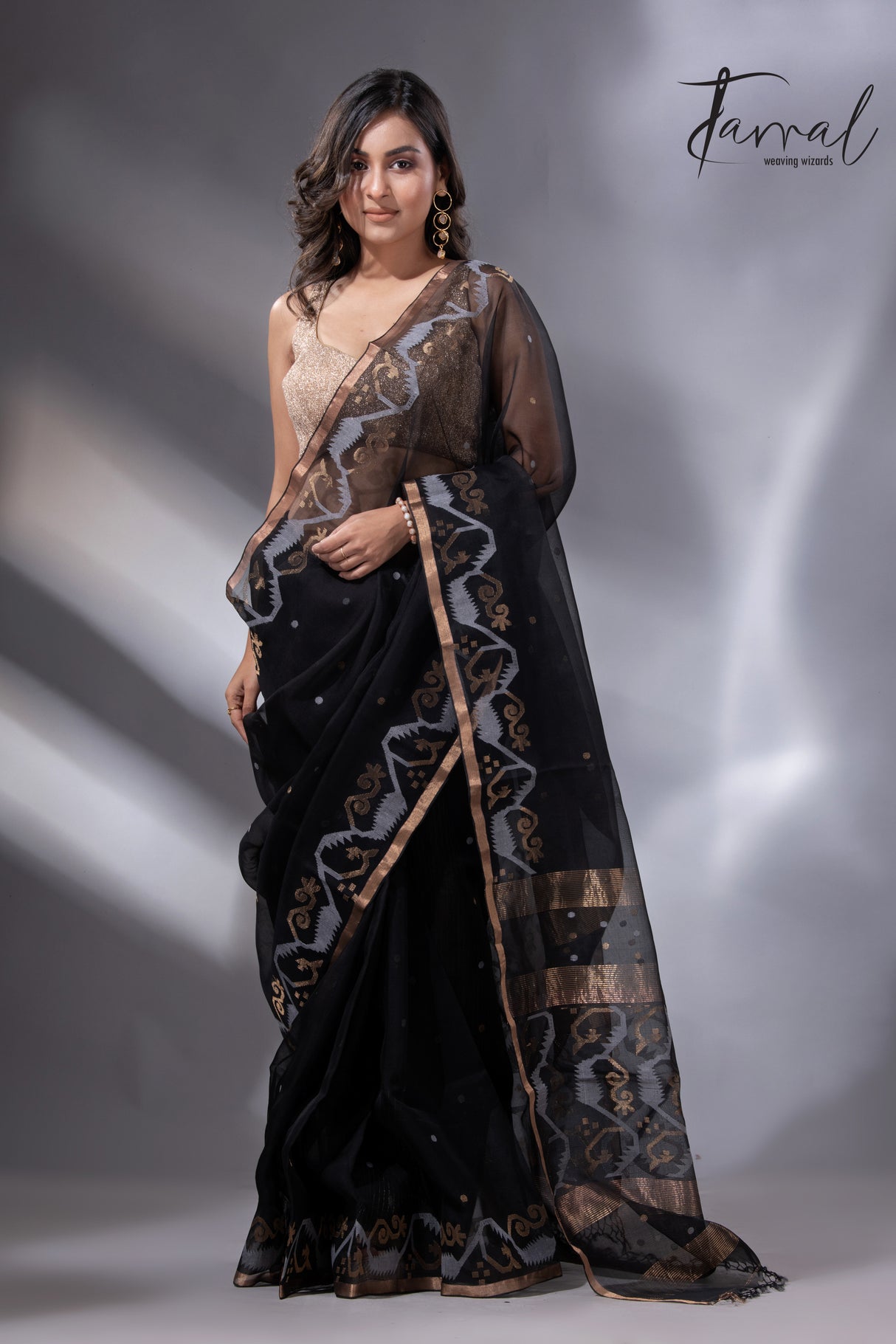 Black with zari border traditional handwoven muslin silk jamdani saree