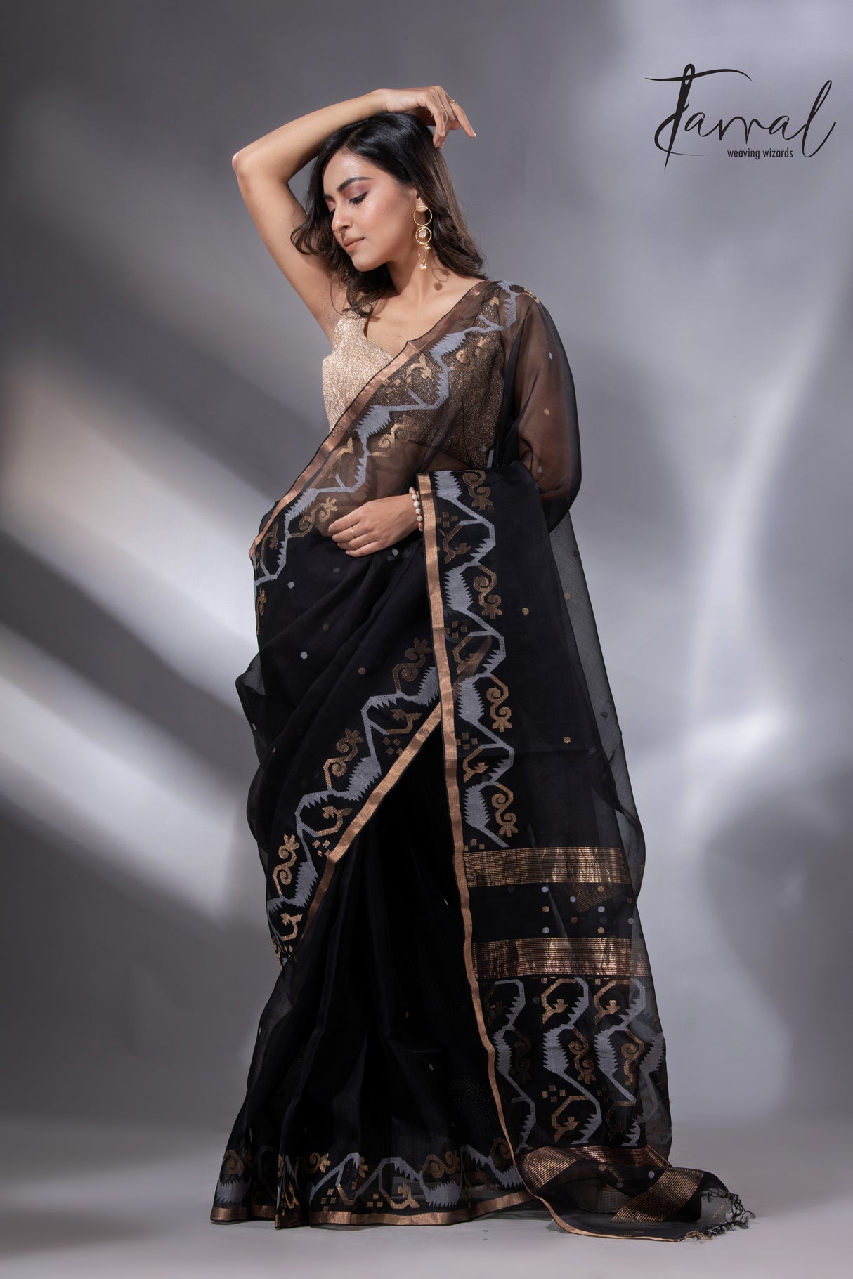 Black with zari border traditional handwoven muslin silk jamdani saree