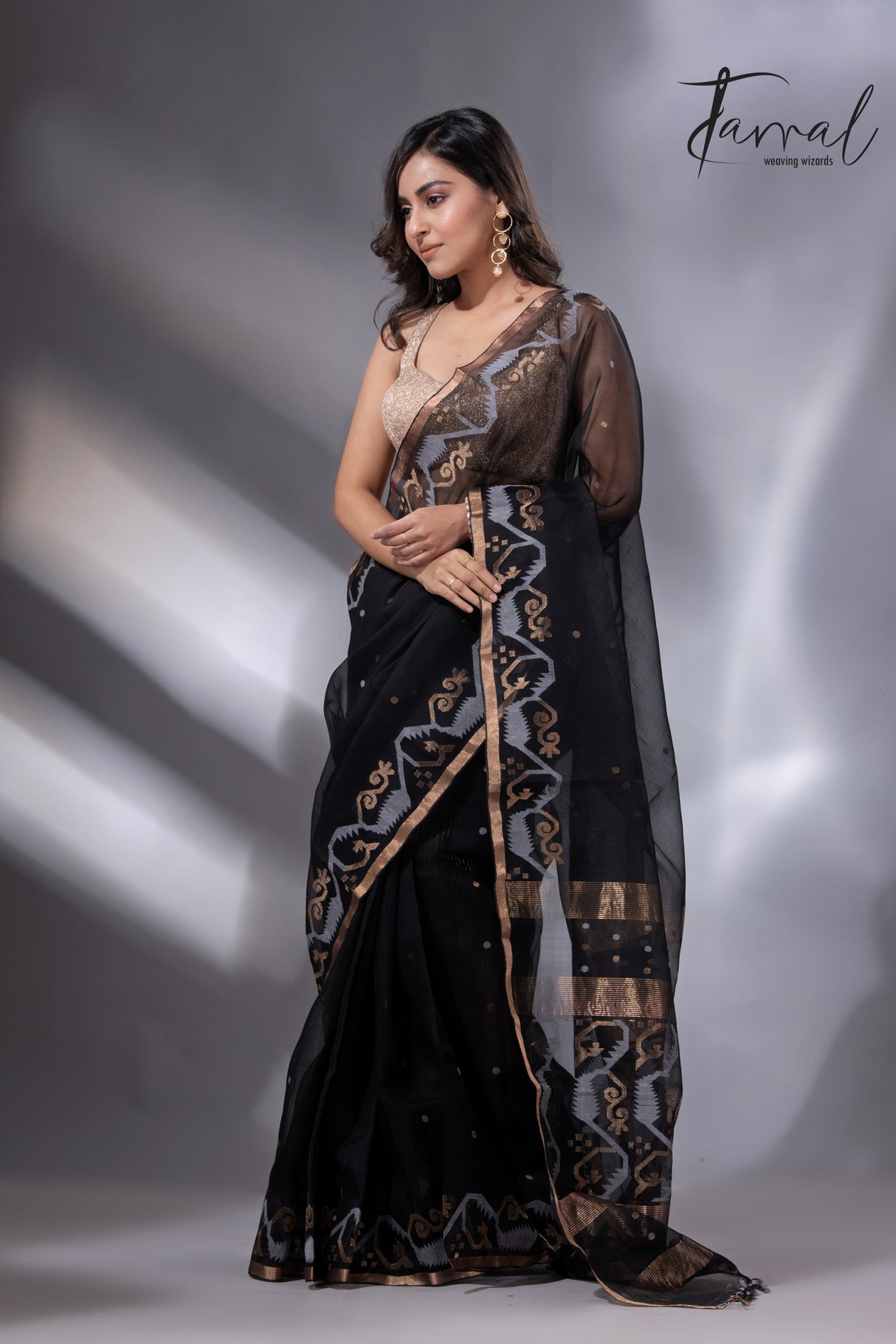 Black with zari border traditional handwoven muslin silk jamdani saree