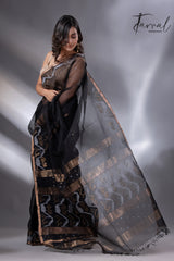 Black with zari border traditional handwoven muslin silk jamdani saree