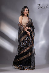 Black with zari border traditional handwoven muslin silk jamdani saree