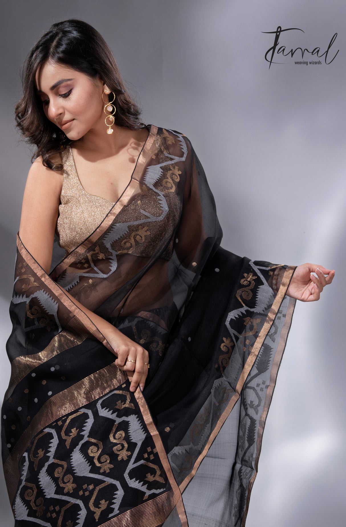 Black with zari border traditional handwoven muslin silk jamdani saree