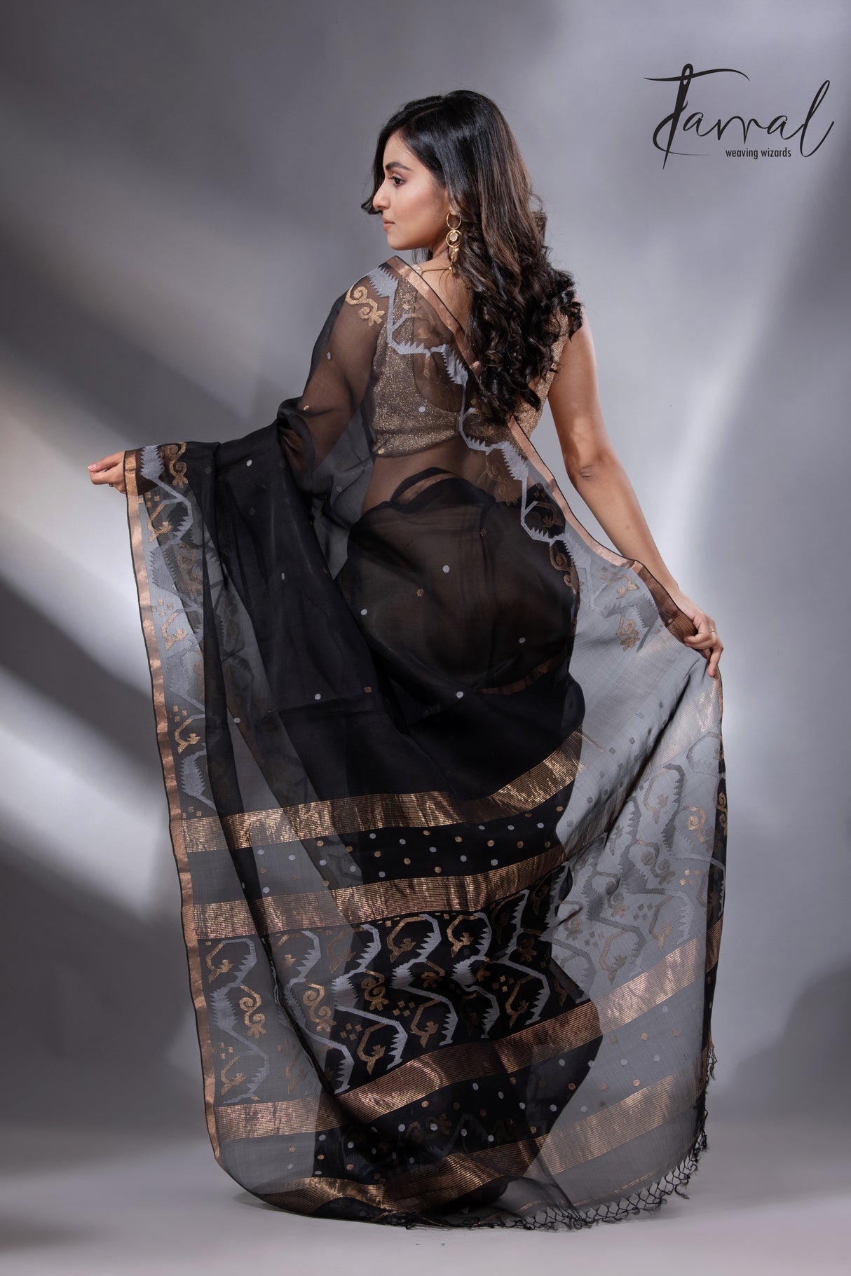 Black with zari border traditional handwoven muslin silk jamdani saree