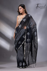 Black with zari border cotton zari handloom striped jamdani saree