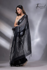 Black with zari border cotton zari handloom striped jamdani saree