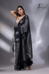 Black with zari border cotton zari handloom striped jamdani saree