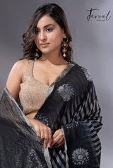 Black with zari border cotton zari handloom striped jamdani saree