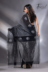 Black with zari border cotton zari handloom striped jamdani saree