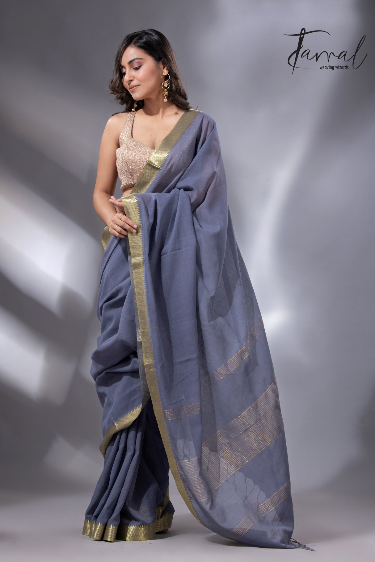 Ash with golden zari Mangal Giri cotton handloom saree