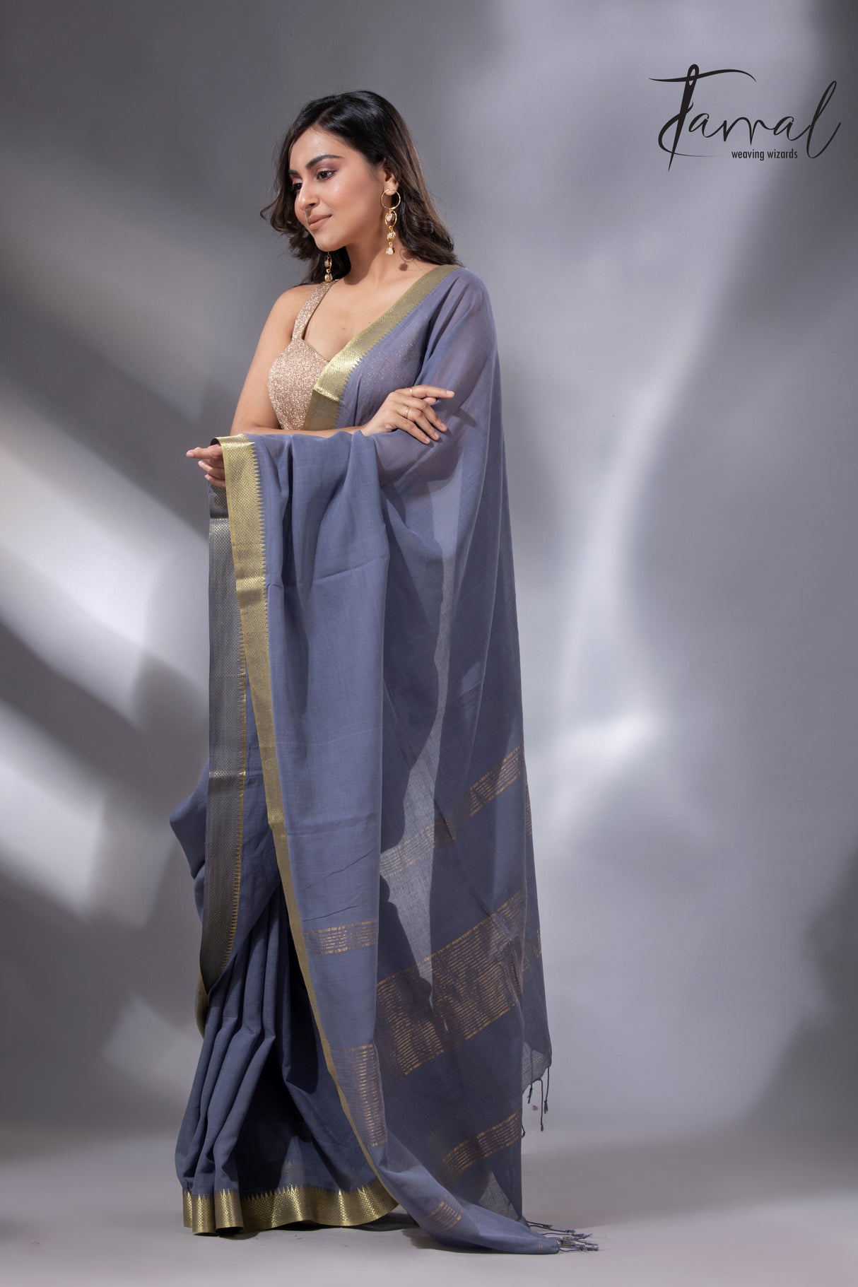 Ash with golden zari Mangal Giri cotton handloom saree