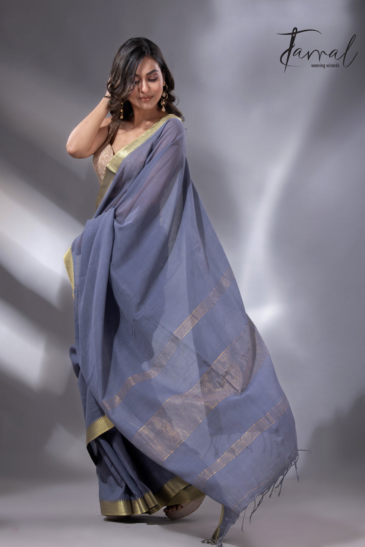 Ash with golden zari Mangal Giri cotton handloom saree