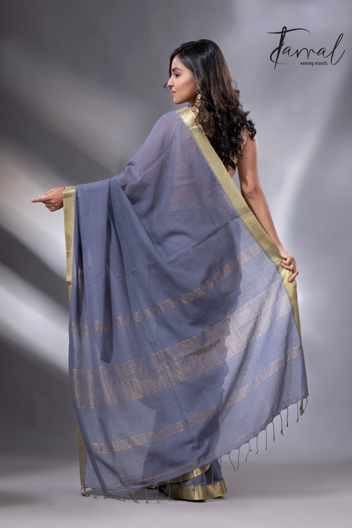 Ash with golden zari Mangal Giri cotton handloom saree