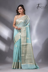 Light sea green with zari work organza silk leafy banarasi handloom saree