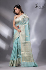 Light sea green with zari work organza silk leafy banarasi handloom saree