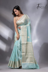 Light sea green with zari work organza silk leafy banarasi handloom saree