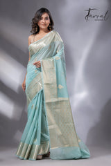 Light sea green with zari work organza silk leafy banarasi handloom saree