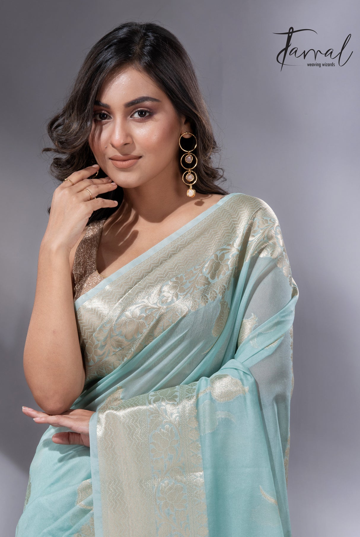 Light sea green with zari work organza silk leafy banarasi handloom saree