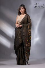 Black colour zari linen handwoven jamdani saree