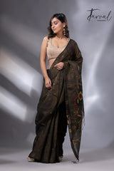 Black colour zari linen handwoven jamdani saree