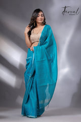 Peacock blue sequins border noil tusser zari silk handloom saree