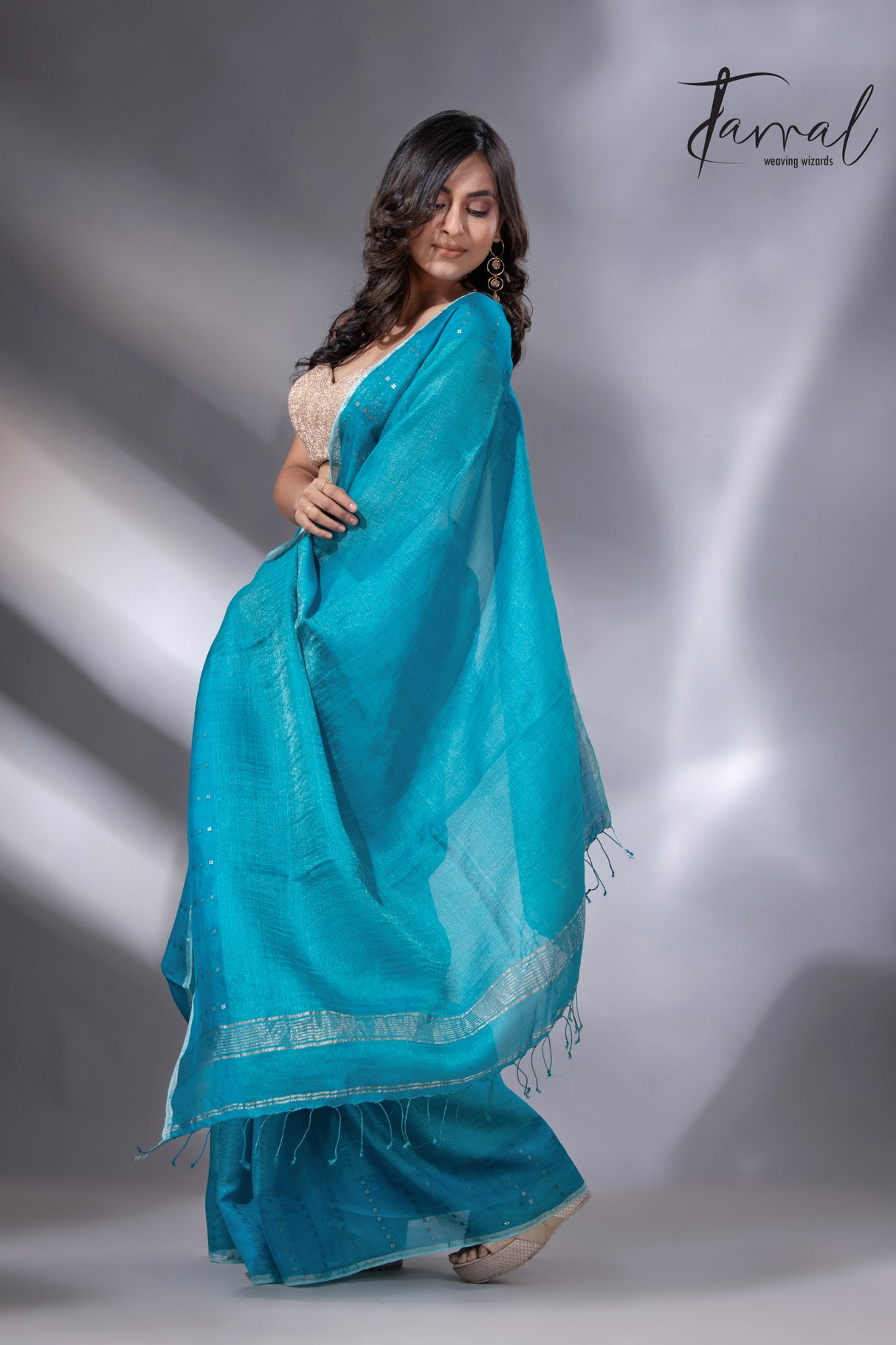 Peacock blue sequins border noil tusser zari silk handloom saree