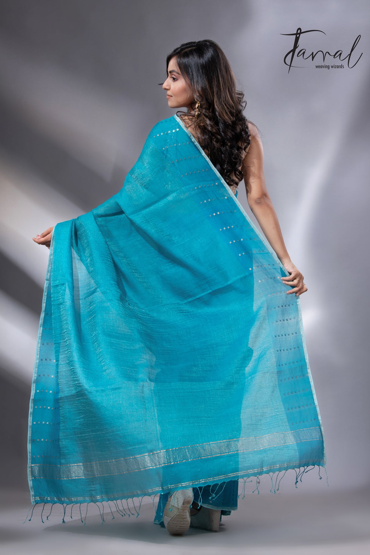 Peacock blue sequins border noil tusser zari silk handloom saree