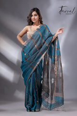 Peacock blue elegancewith black pallu tissue matka handloom jamdani saree