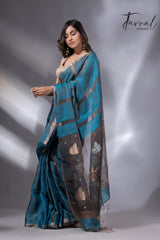 Peacock blue elegancewith black pallu tissue matka handloom jamdani saree