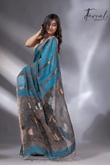 Peacock blue elegancewith black pallu tissue matka handloom jamdani saree