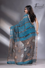 Peacock blue elegancewith black pallu tissue matka handloom jamdani saree