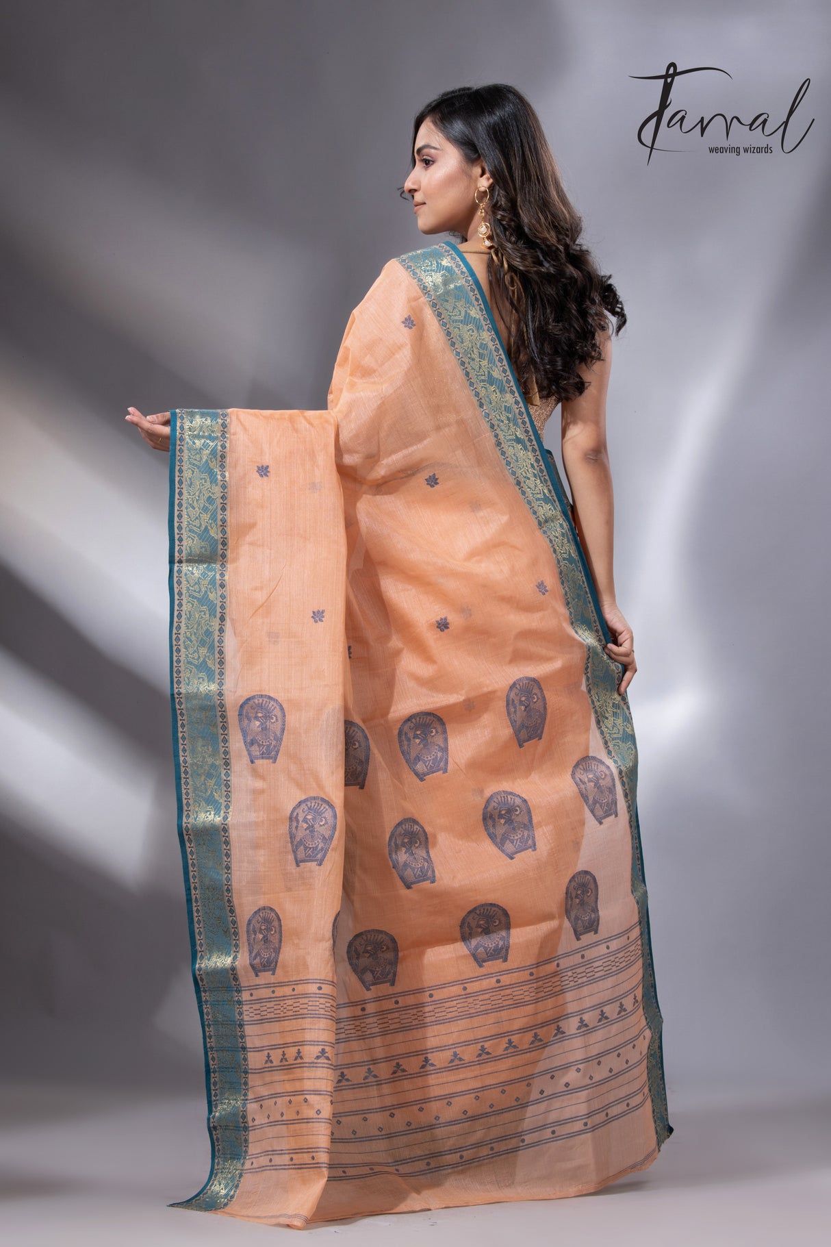 Peach & Firoza Harmony Tussar Tangail Handloom Saree