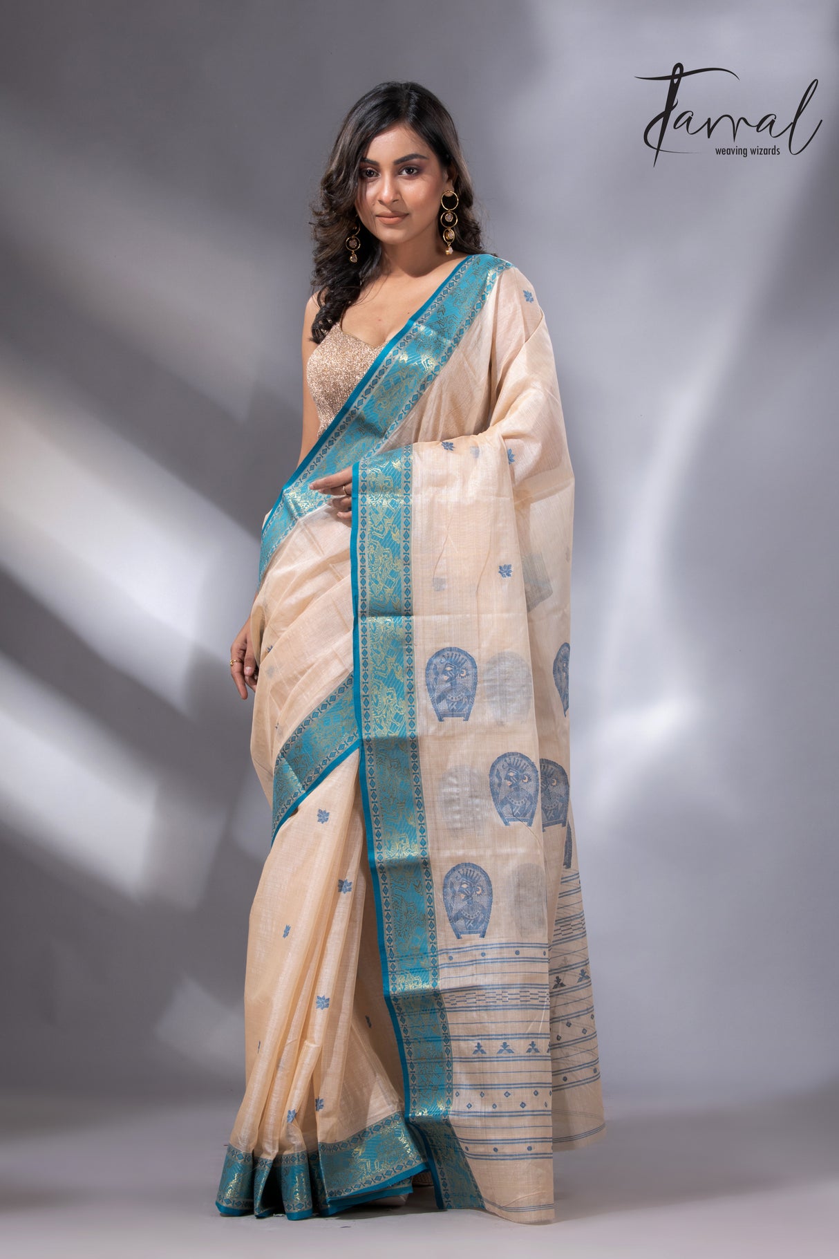 Light Cream & Firoza Harmony Tussar Tangail Handloom Saree