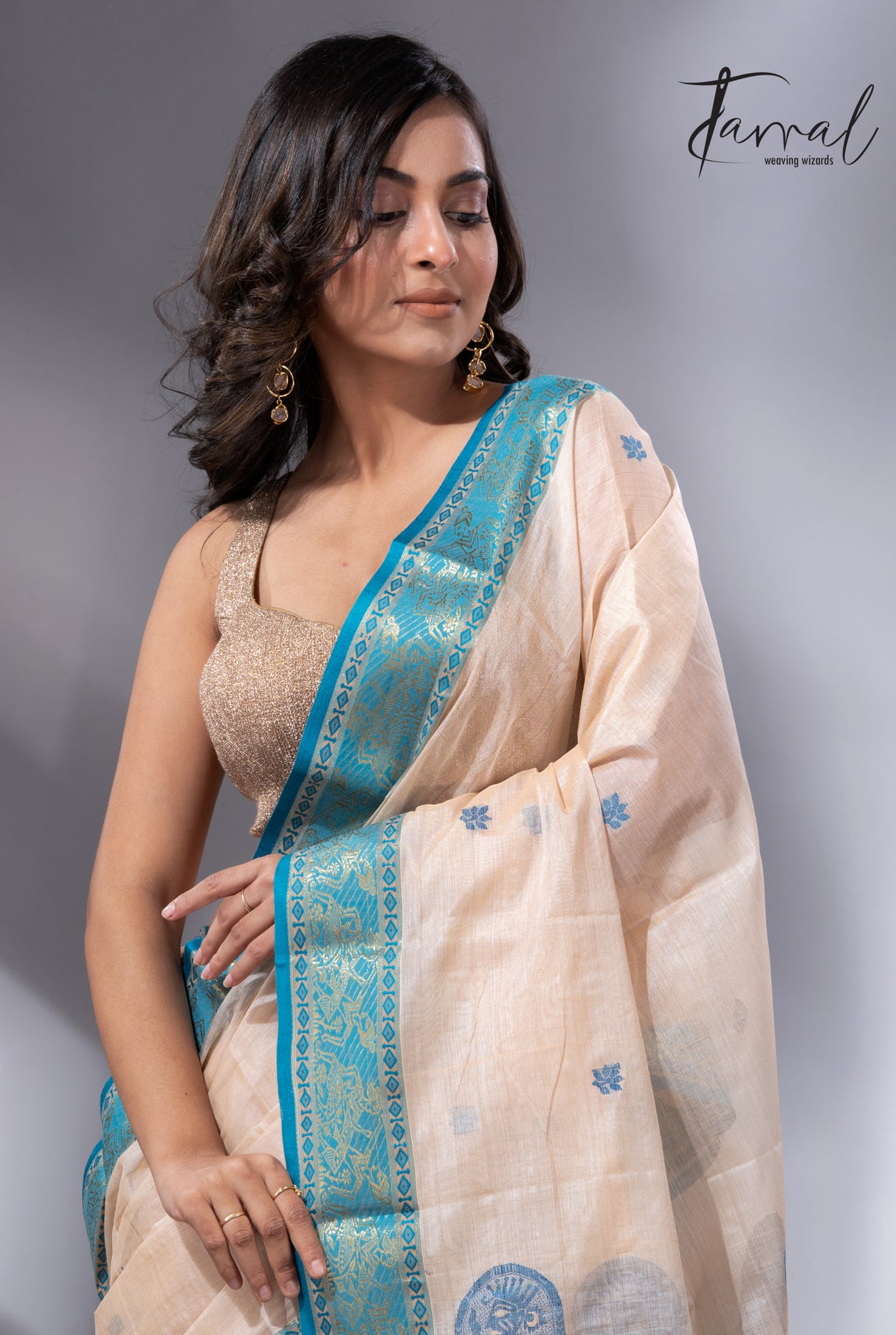 Light Cream & Firoza Harmony Tussar Tangail Handloom Saree