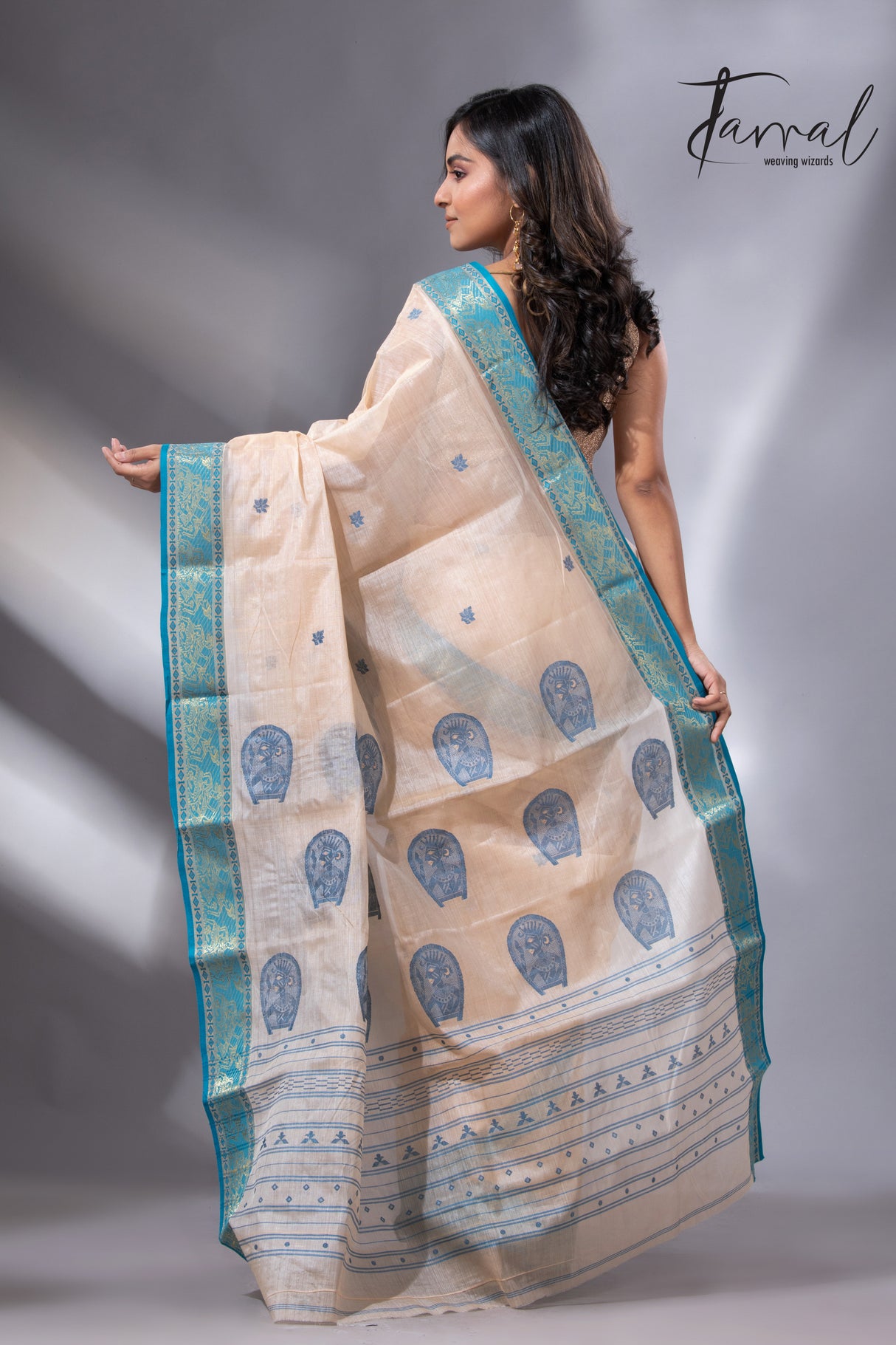 Light Cream & Firoza Harmony Tussar Tangail Handloom Saree