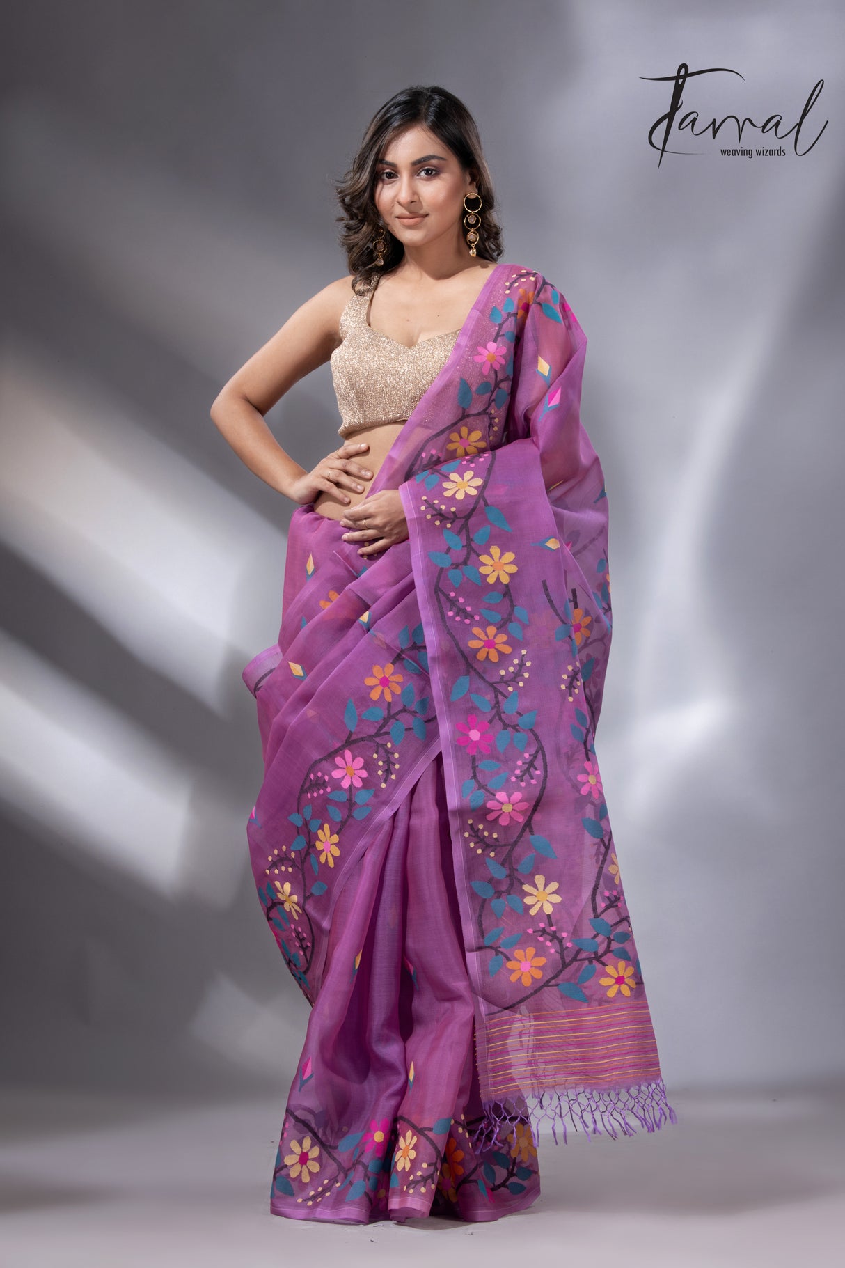 Purple with multi colour floral border handwoven muslin jamdani saree