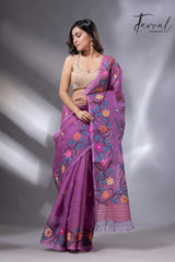 Purple with multi colour floral border handwoven muslin jamdani saree