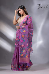 Purple with multi colour floral border handwoven muslin jamdani saree