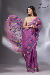 Purple with multi colour floral border handwoven muslin jamdani saree