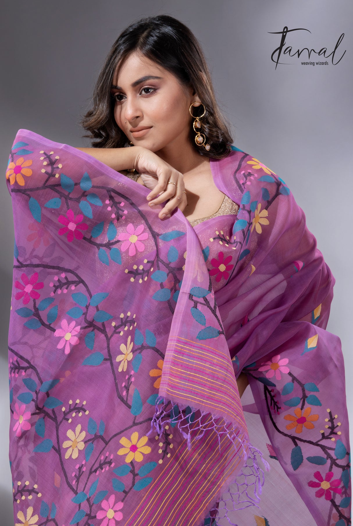 Purple with multi colour floral border handwoven muslin jamdani saree