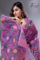 Purple with multi colour floral border handwoven muslin jamdani saree