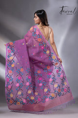 Purple with multi colour floral border handwoven muslin jamdani saree