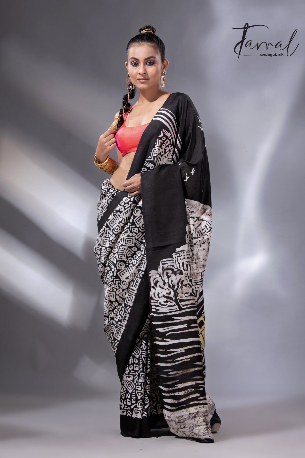 Black with white handcrafted Victoria design in batik silk saree