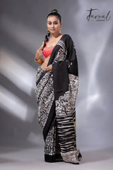 Black with white handcrafted Victoria design in batik silk saree