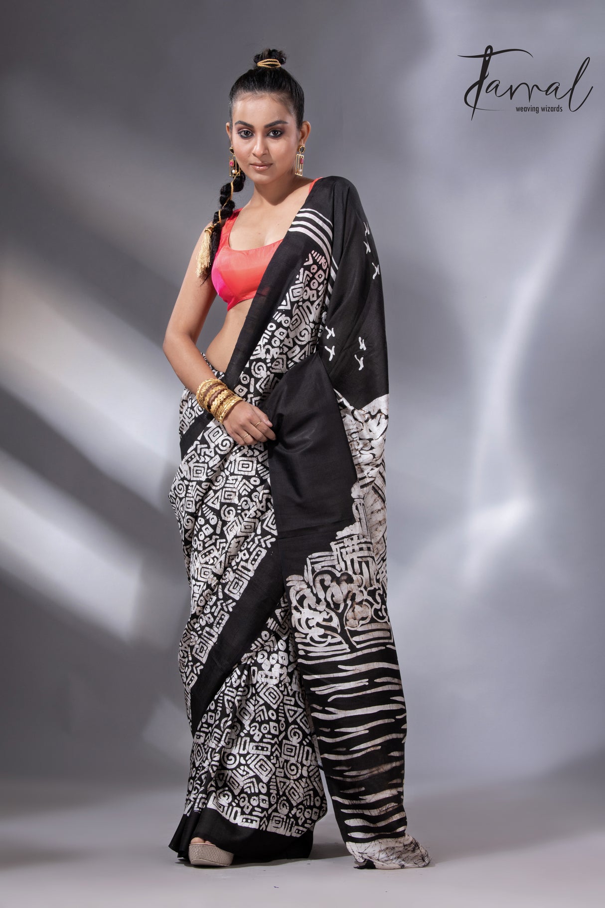 Black with white handcrafted Victoria design in batik silk saree