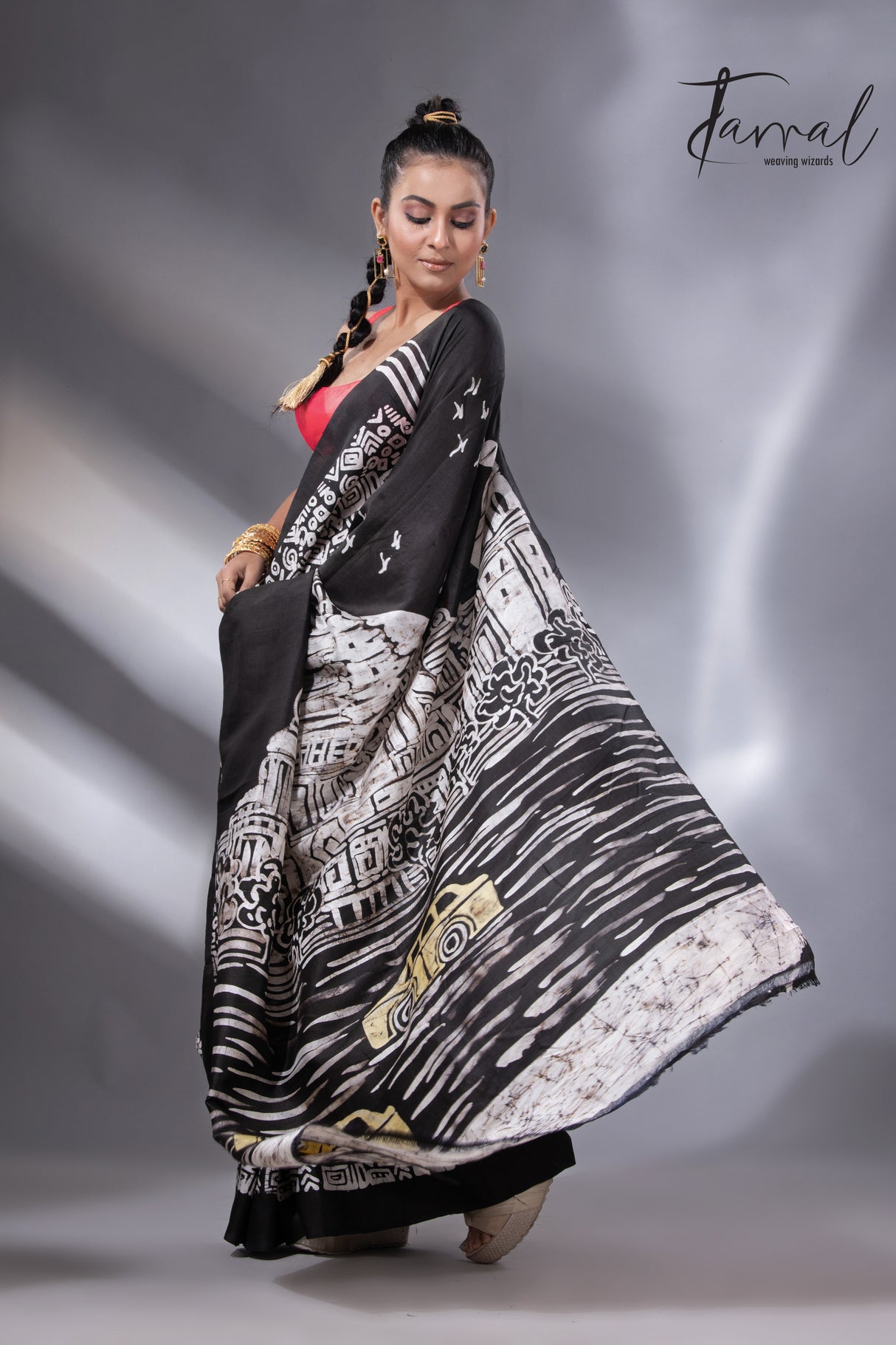 Black with white handcrafted Victoria design in batik silk saree