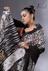 Black with white handcrafted Victoria design in batik silk saree