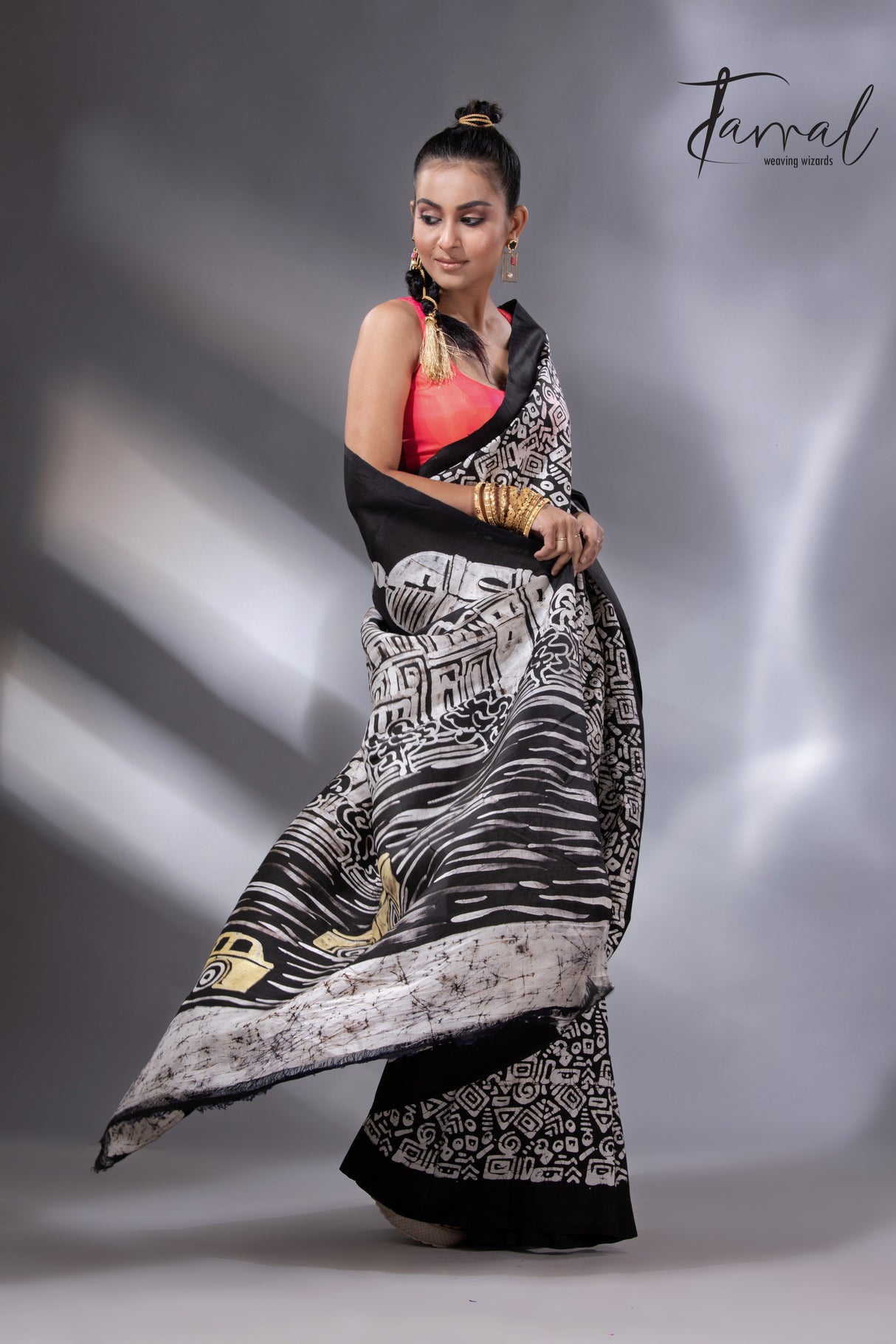 Black with white handcrafted Victoria design in batik silk saree