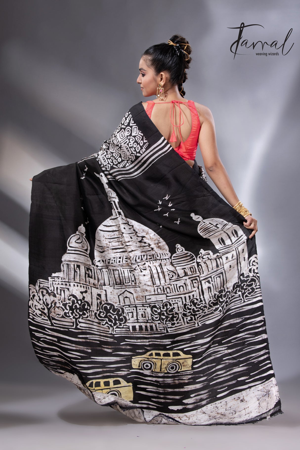 Black with white handcrafted Victoria design in batik silk saree